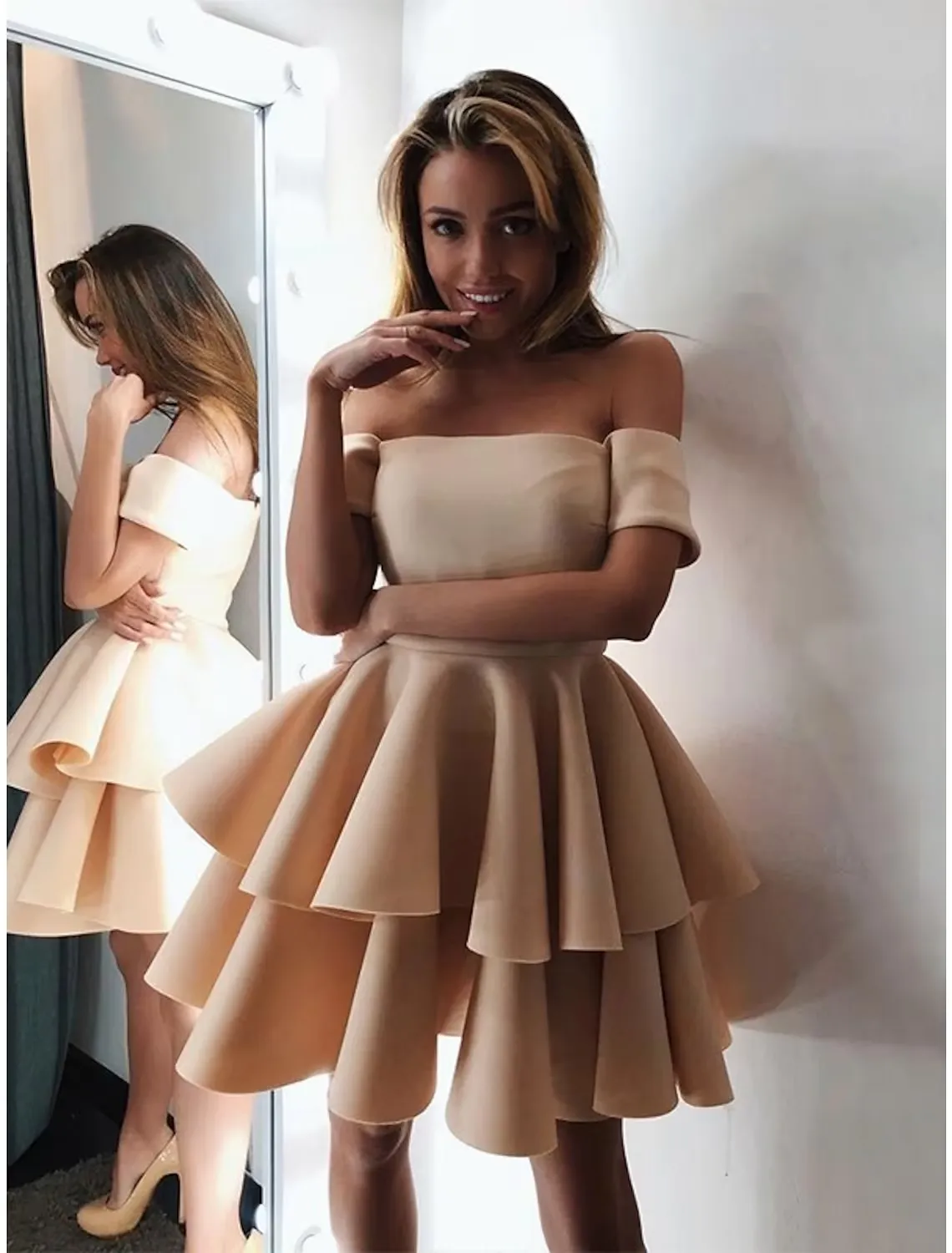 A-Line Cocktail Dresses Minimalist Dress Engagement Knee Length Short Sleeve Off Shoulder Satin