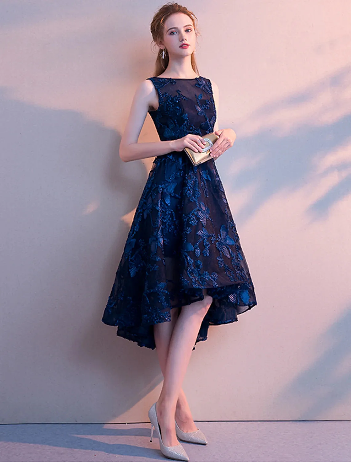 Aimishang  A-Line Cocktail Dresses Minimalist Dress Wedding Guest Homecoming Asymmetrical Sleeveless Jewel Neck Tulle with Pleats Pattern / Print
