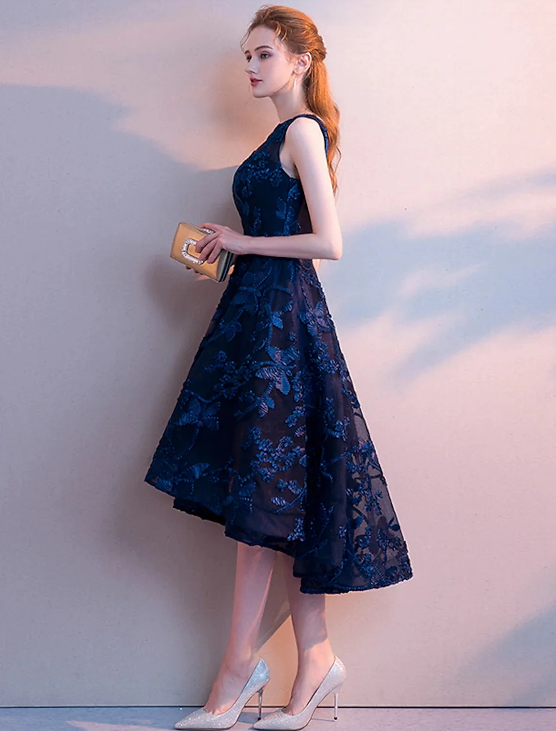 Aimishang  A-Line Cocktail Dresses Minimalist Dress Wedding Guest Homecoming Asymmetrical Sleeveless Jewel Neck Tulle with Pleats Pattern / Print