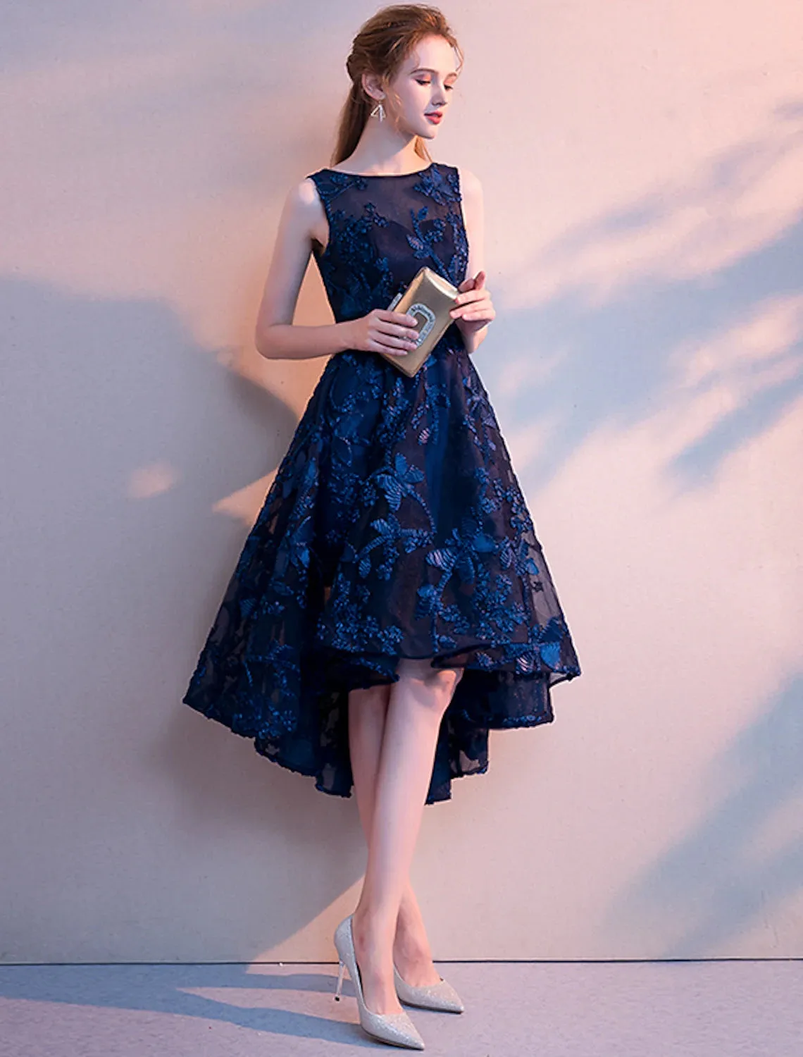 Aimishang  A-Line Cocktail Dresses Minimalist Dress Wedding Guest Homecoming Asymmetrical Sleeveless Jewel Neck Tulle with Pleats Pattern / Print