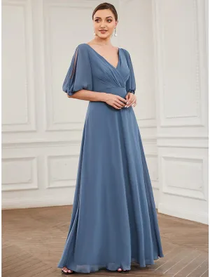 Aimishang  A-Line Evening Gown Minimalist Dress Wedding Guest Floor Length Half Sleeve V Neck Chiffon with Pleats