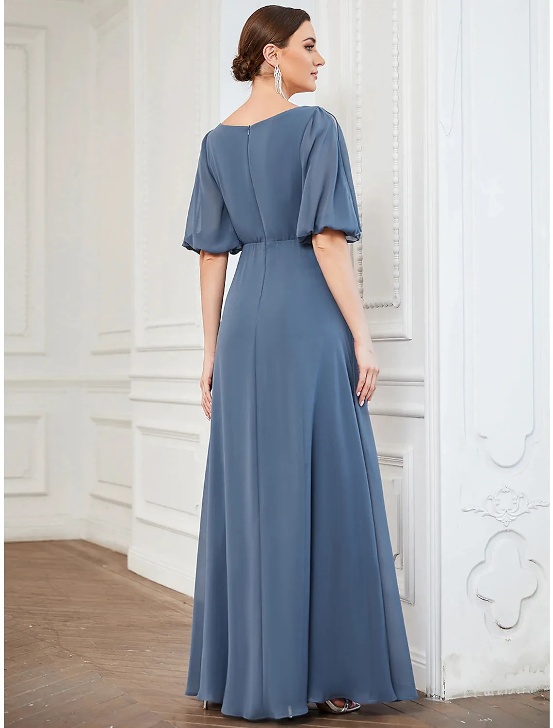 Aimishang  A-Line Evening Gown Minimalist Dress Wedding Guest Floor Length Half Sleeve V Neck Chiffon with Pleats