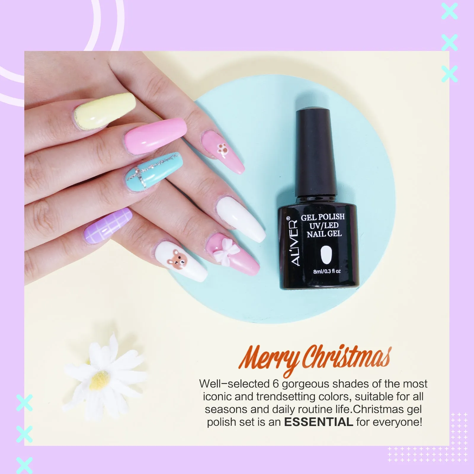 Aliver gel nail polish set, Candy Dream  with top and base coat - 6 Colors