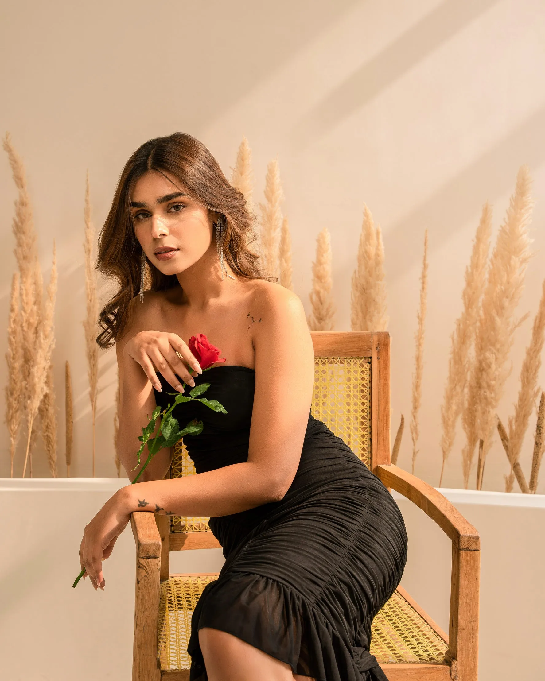 Black Slip Dress With Asymmetrical Gather Detail And Detachable Straps