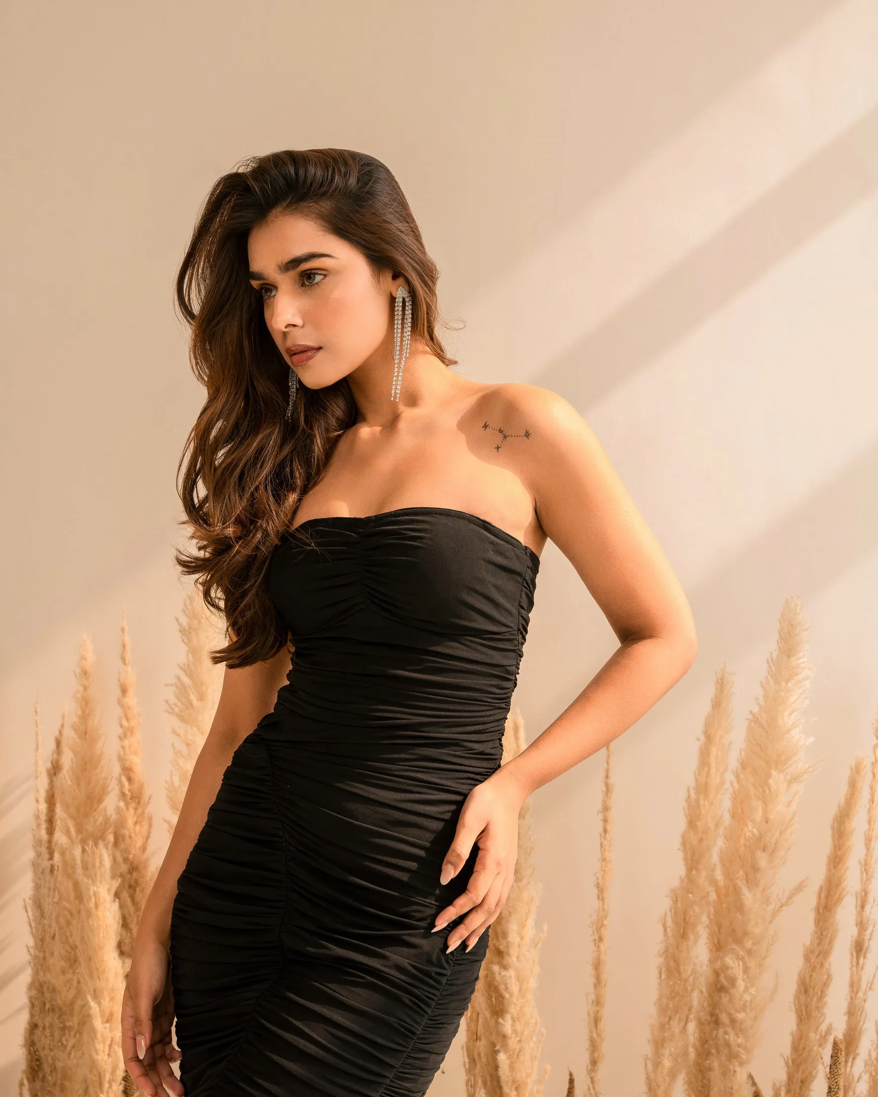 Black Slip Dress With Asymmetrical Gather Detail And Detachable Straps