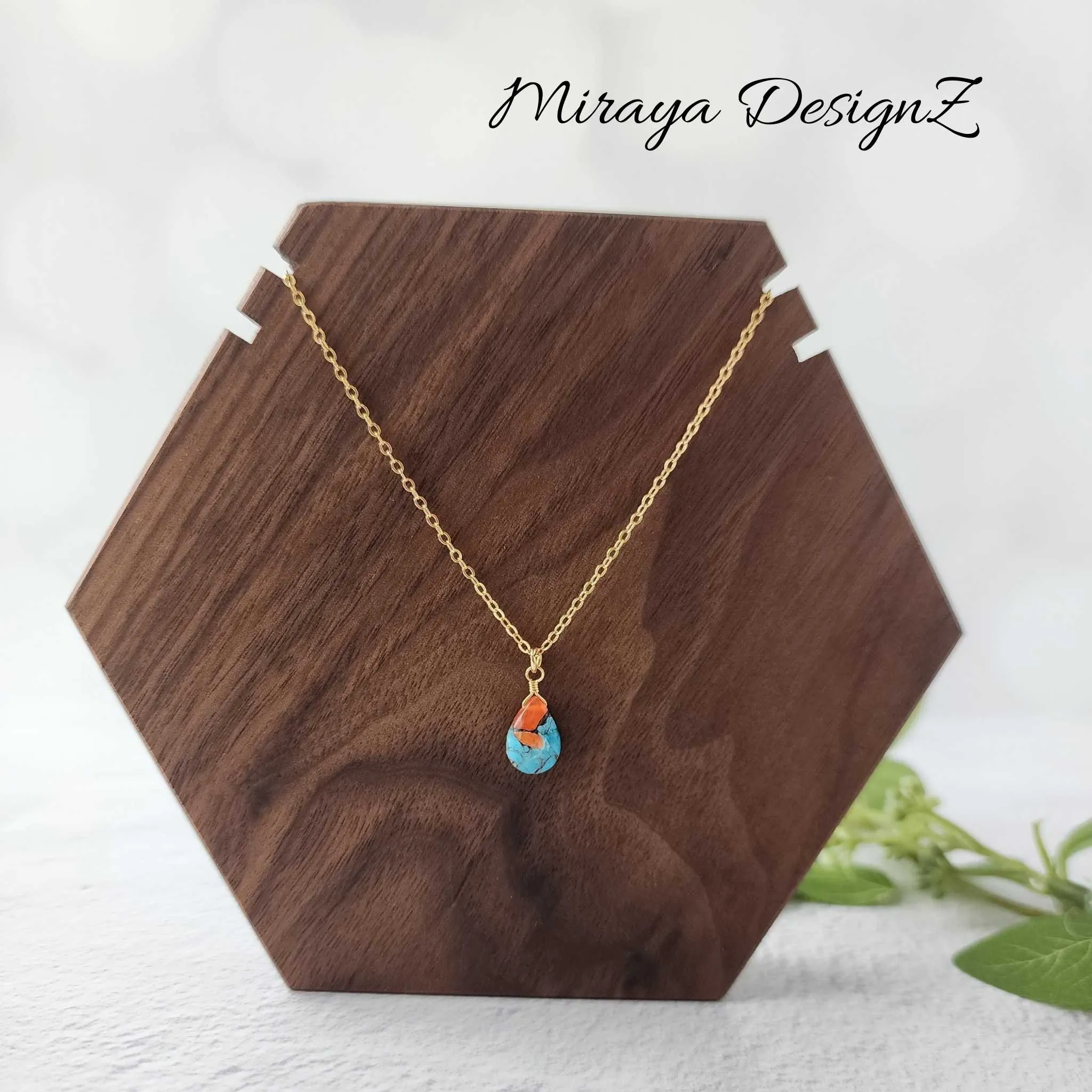 Minimalist Teardrop Necklace - Orange Turquoise